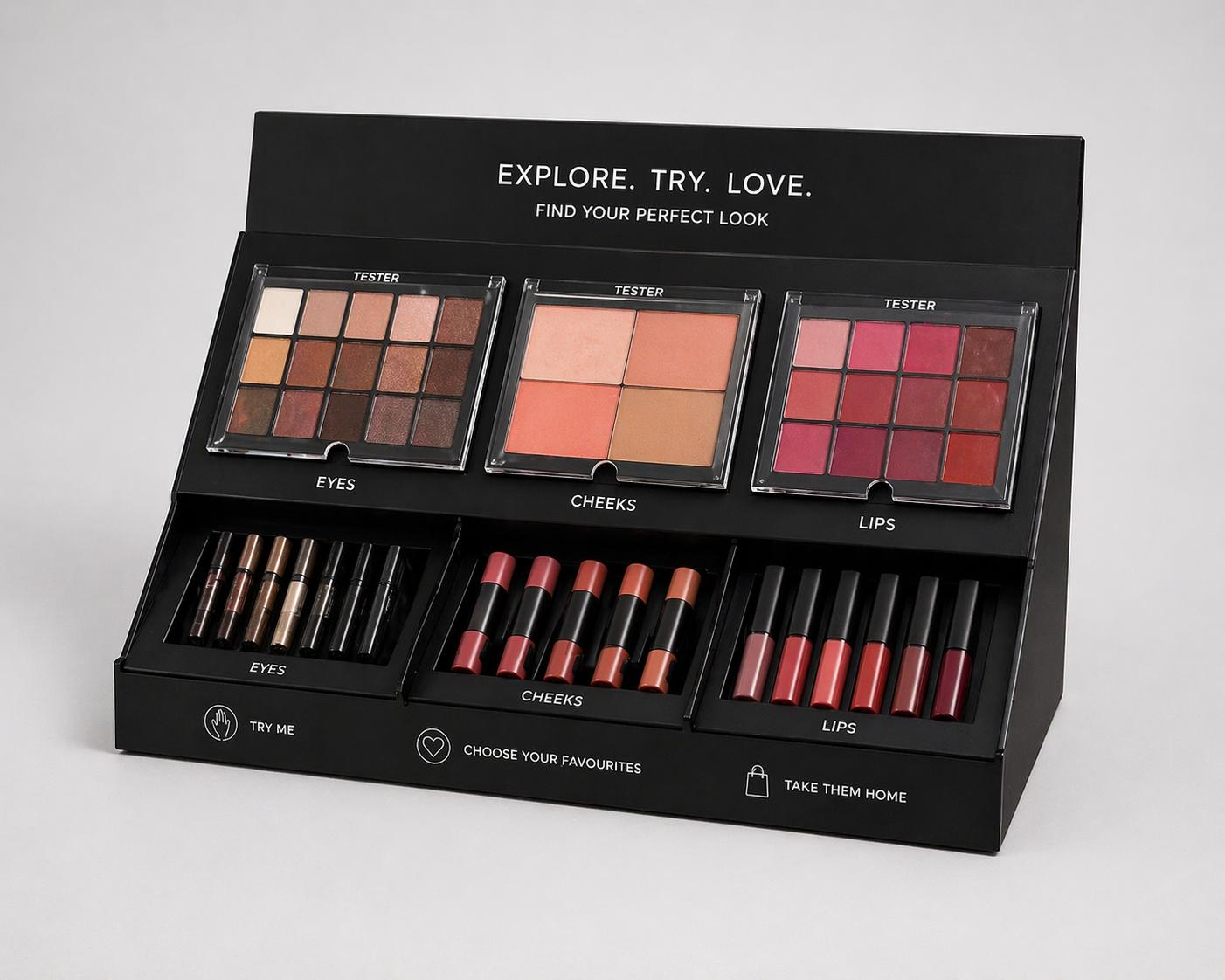 Black acrylic cosmetics counter display with testers and product compartments for beauty retail POS