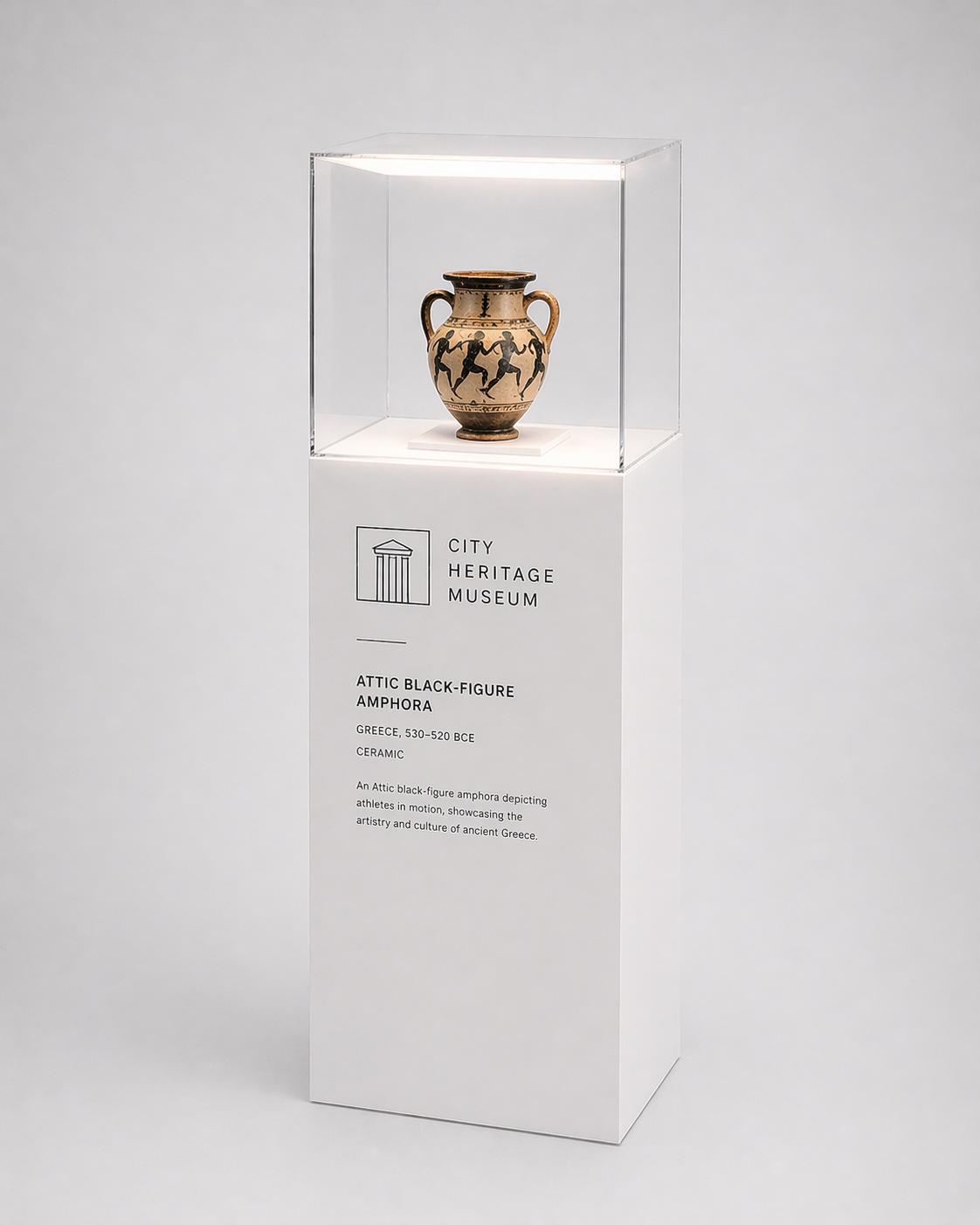 Museum acrylic display case on pedestal plinth for heritage artefact exhibition display