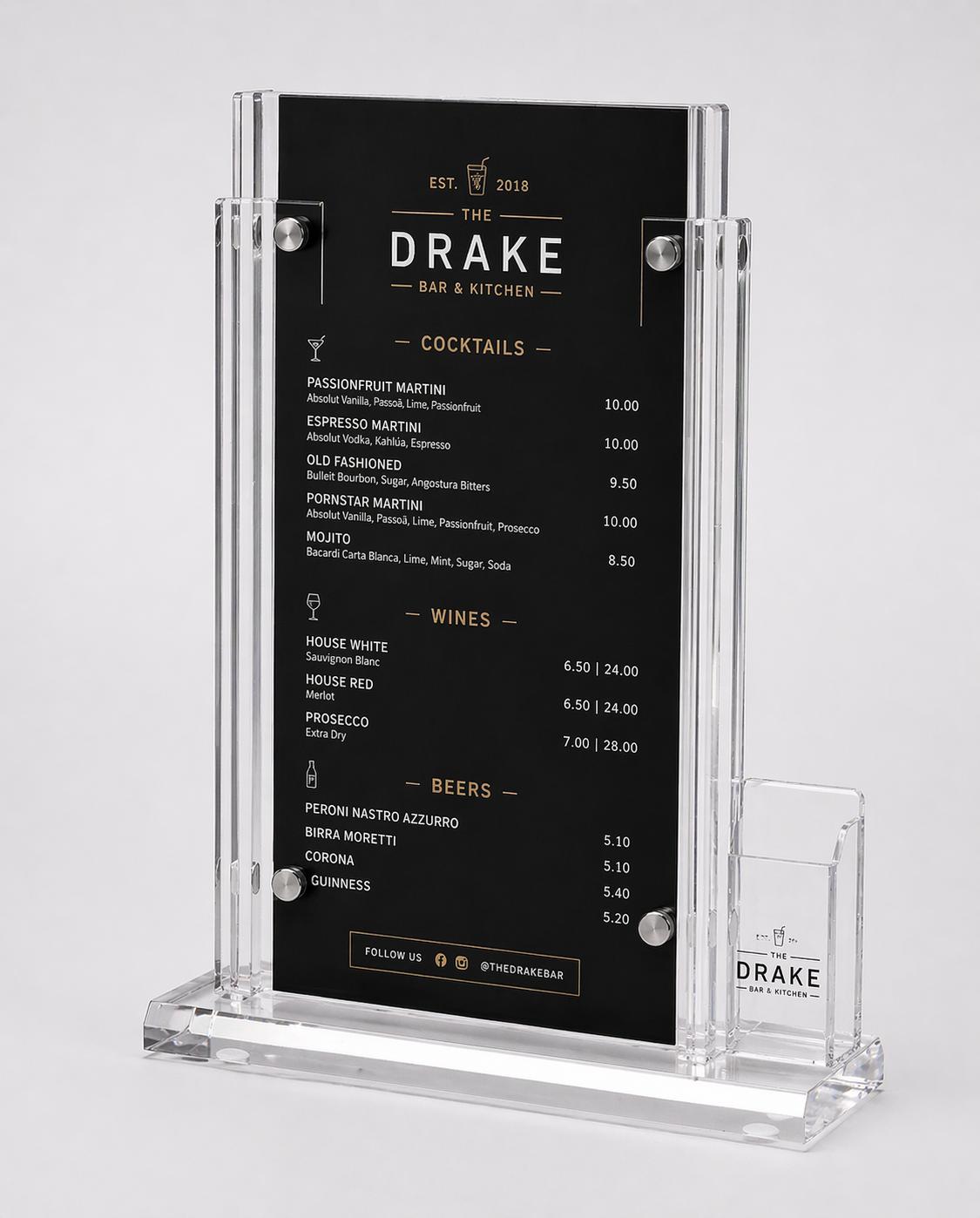 Bespoke acrylic menu holder with business card pocket for restaurants pubs and hospitality