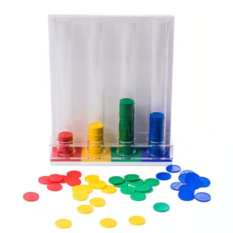 Four-column acrylic reward tube unit with red, yellow, green and blue tokens stacked at different heights showing inter-house competition, with loose coloured tokens scattered at the base