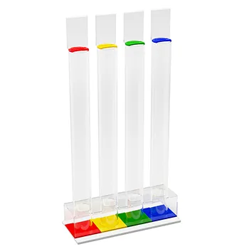Tall floor-standing four-tube acrylic house point unit with red, yellow, green and blue coloured caps and matching base, ideal for school assembly halls and corridors